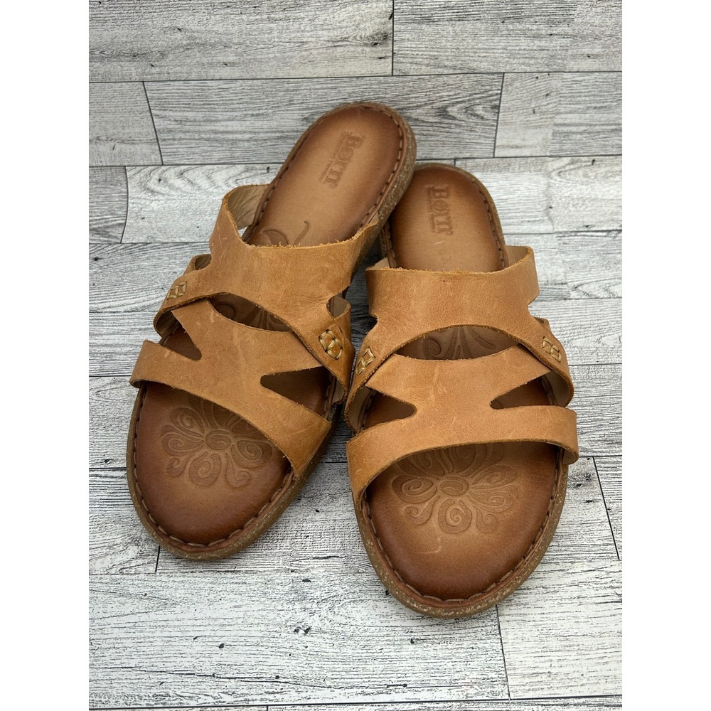 Born Leather Strappy Slide Sandals Tan Comfort Women Size 9 F20941‎